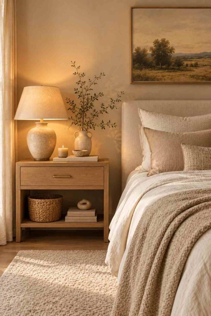 Styled oak bedroom nightstand with ceramic decor, lamp, and neutral bedding
