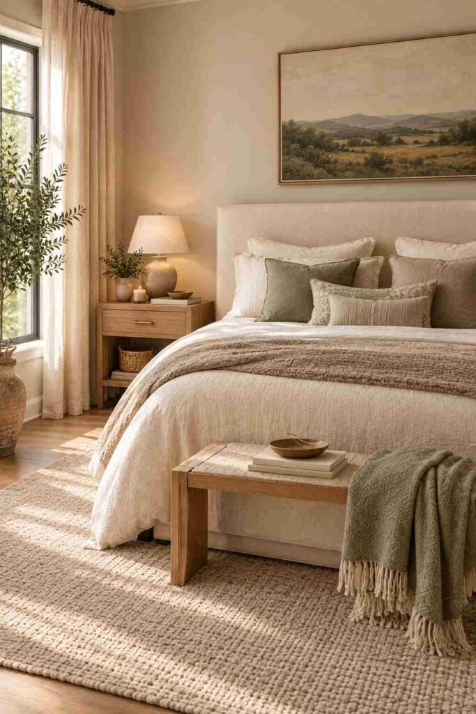Calm neutral bedroom with cream, beige, sage, and natural wood accents