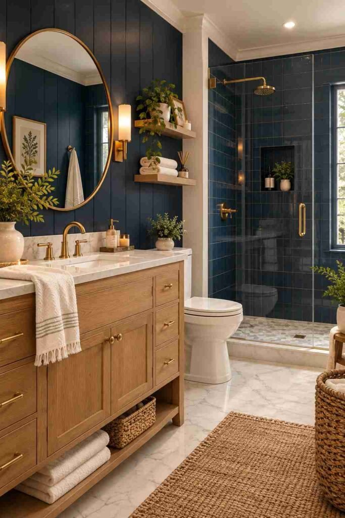  Navy blue bathroom feature wall with oak vanity, marble countertop, and brass fixtures
