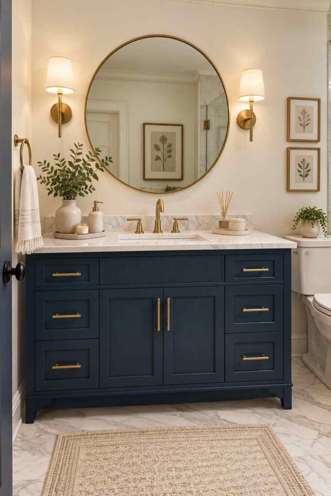  Deep navy blue bathroom vanity with marble countertop and brushed brass hardware
