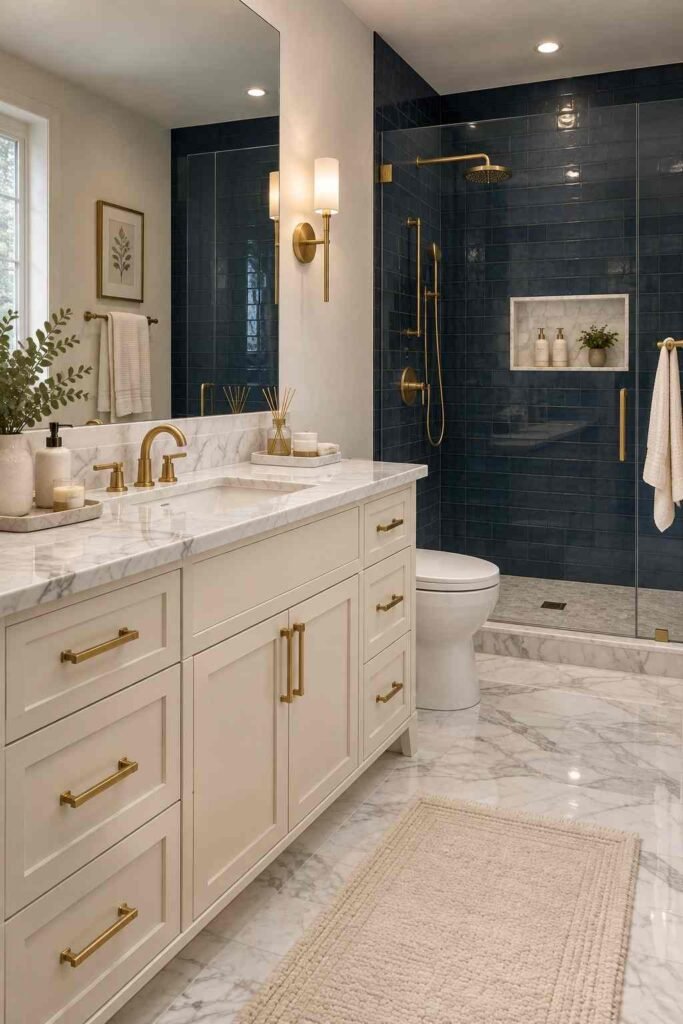  Navy blue bathroom with white marble surfaces and elegant brass fixtures
