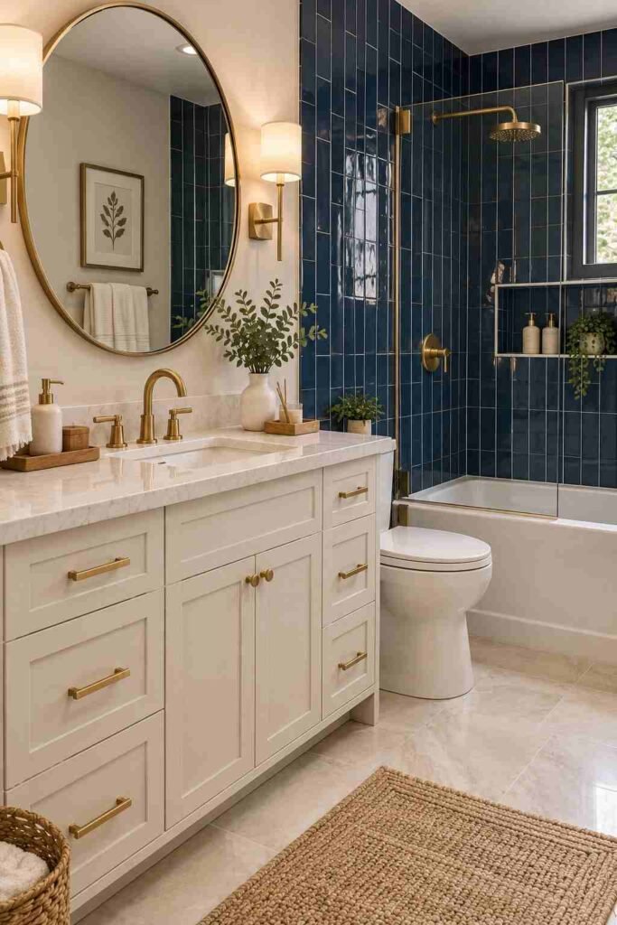  Glossy navy blue subway tiles with white vanity and brass bathroom fixtures
