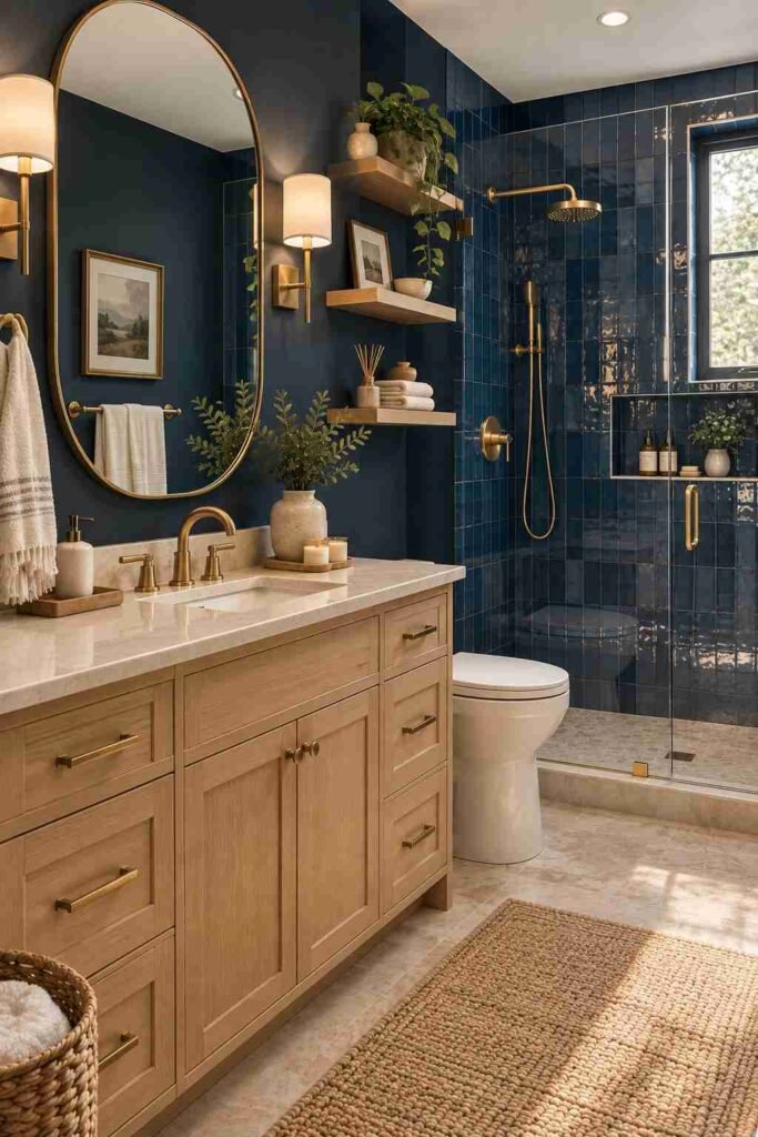  Navy blue bathroom paired with warm oak wood vanity and natural accessories
