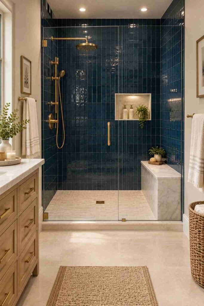  Navy blue tiled shower with frameless glass and brushed brass fixtures
