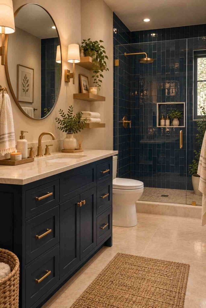  Navy blue and soft beige bathroom with warm wood and brass accents

