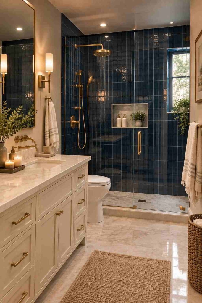  Navy blue bathroom with luxurious brushed brass shower and faucet fixtures
