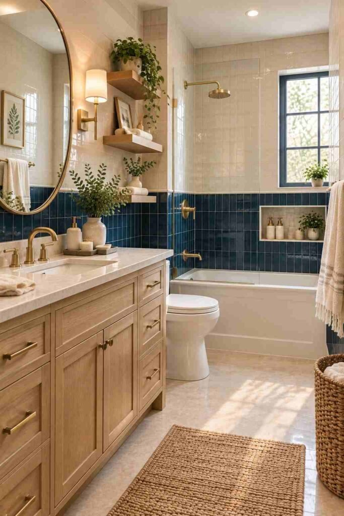  Navy blue and cream tiled bathroom with oak vanity and brass fixtures

