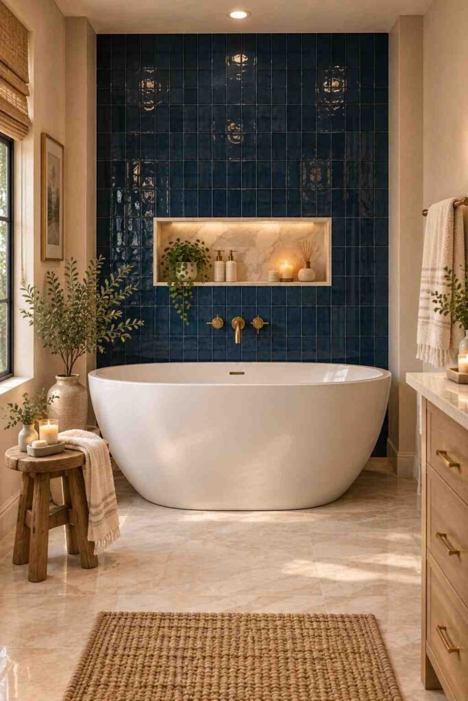  Navy blue bathtub surround with white freestanding tub and brass fixtures
