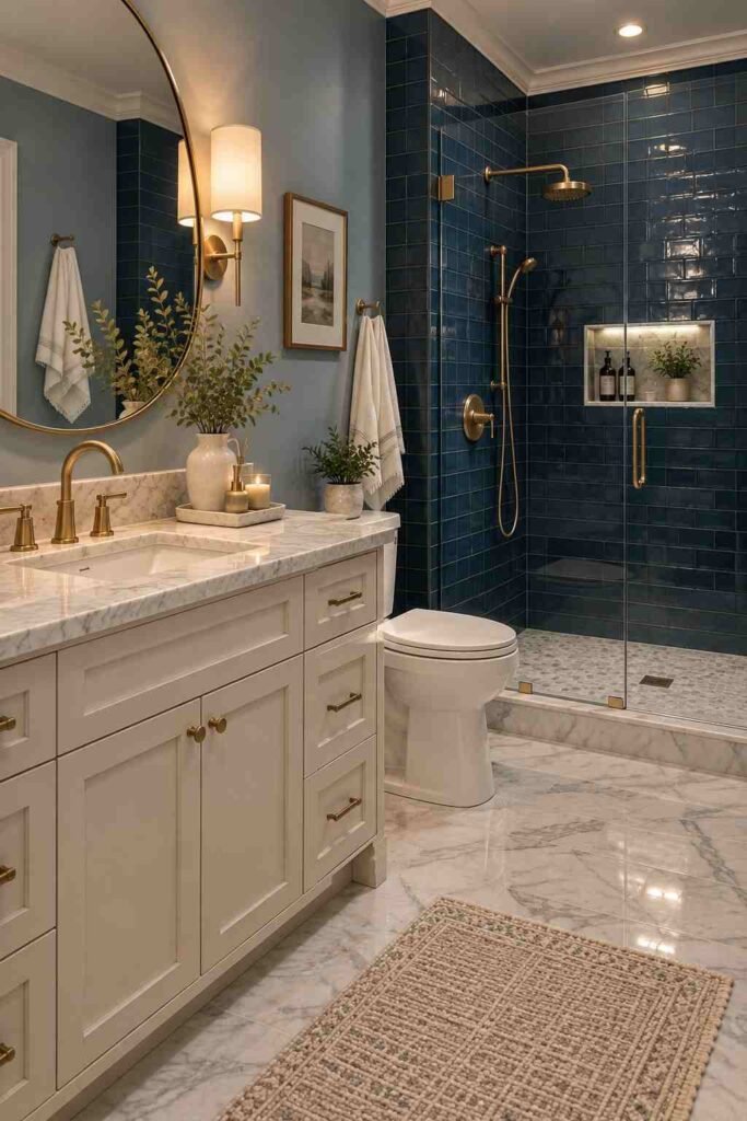  Deep navy blue tiled shower wall with white marble and brass bathroom fixtures
