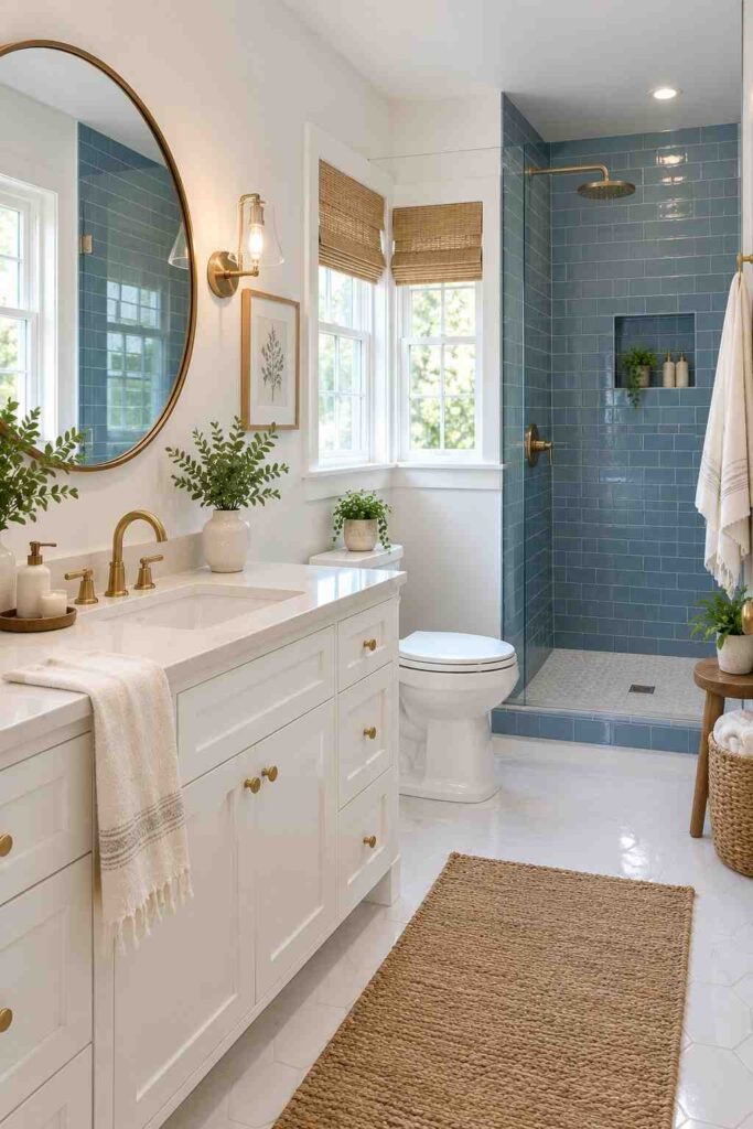 Blue and white tiled bathroom with natural wood and brass accents
