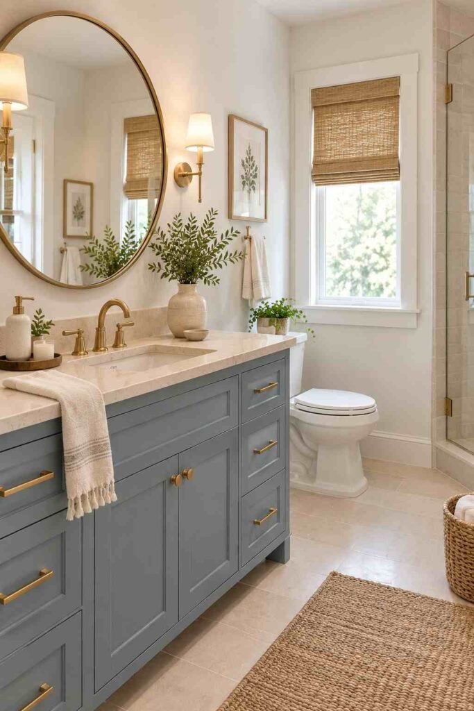 Muted blue bathroom vanity with cream countertop and brushed brass fixtures
