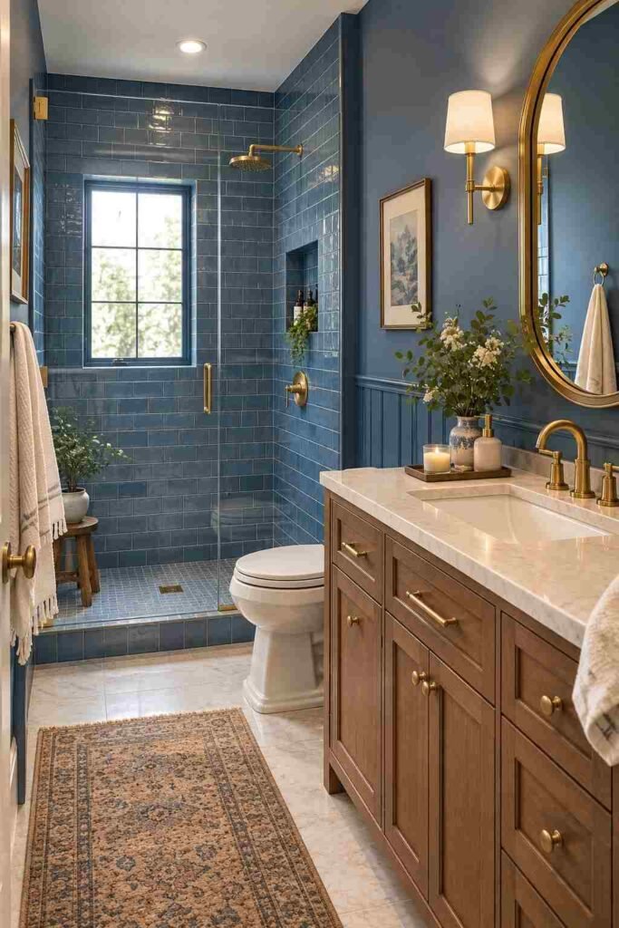  Elegant blue bathroom with warm brass fixtures, marble, and natural wood accents

