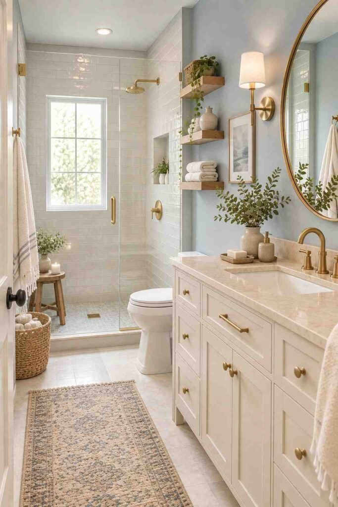 Soft blue and cream bathroom with warm wood, brass, and natural textures
