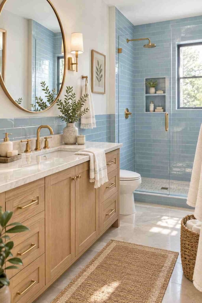 Soft powder blue subway tiles with oak vanity and brass bathroom fixtures
