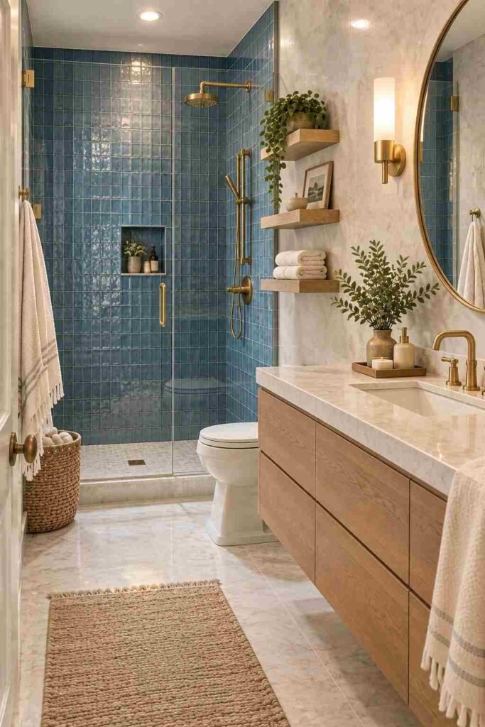  Blue textured shower feature wall with marble, glass, oak, and brass details

