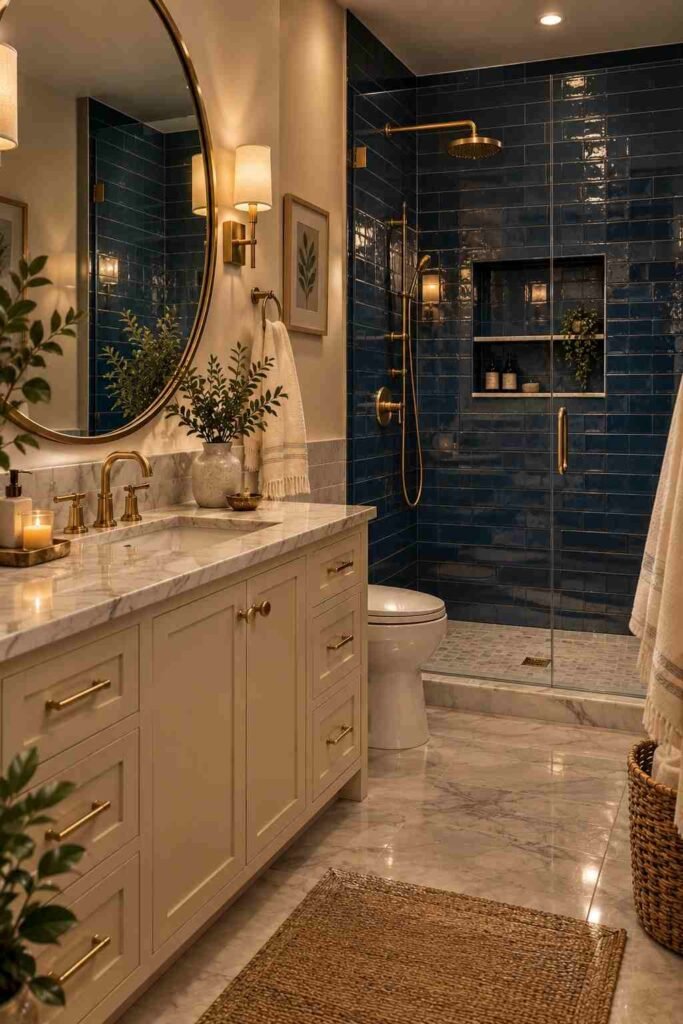 Deep navy blue tiled shower feature wall with marble and brass accents
