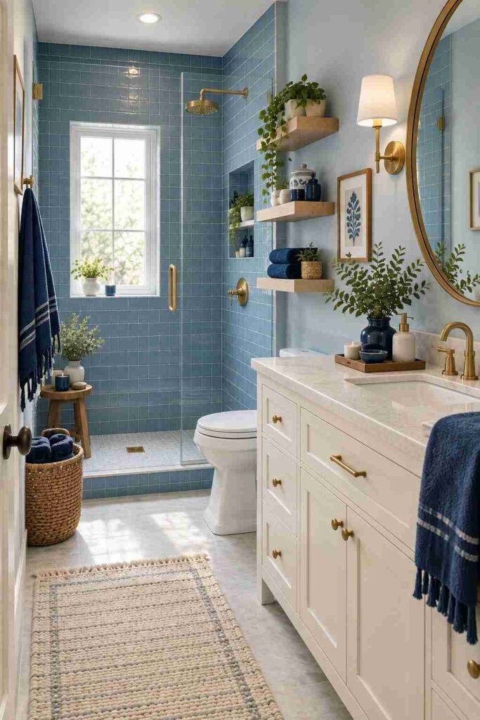 Layered blue bathroom featuring pale blue walls, medium blue tiles, and navy accents
