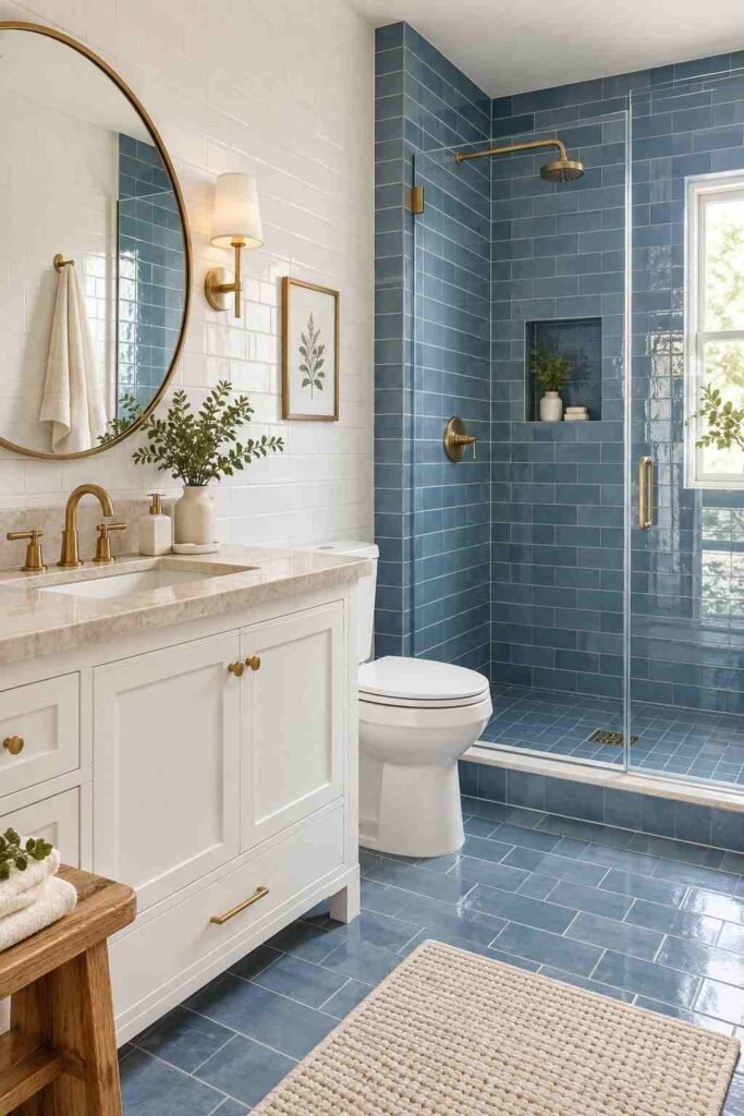  Blue and white tiled bathroom with natural wood and brass accents
