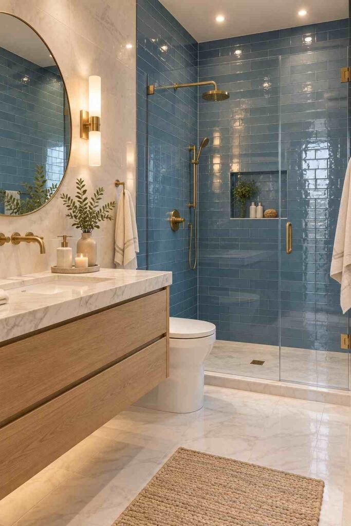 Glossy blue shower tiles with marble, oak vanity, and warm brass fixtures
