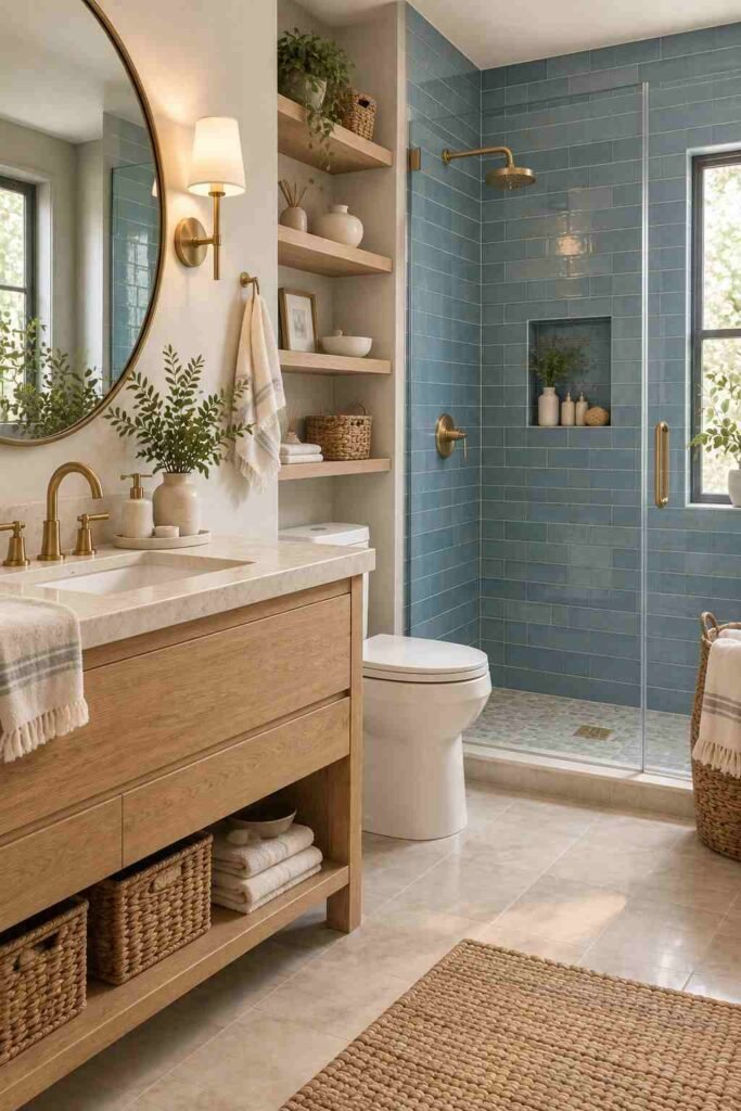  Soft blue tiled bathroom with natural oak vanity and woven accents
