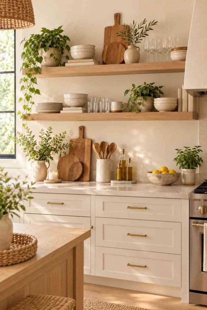 Natural wood floating shelves styled with ceramics and greenery in a warm kitchen