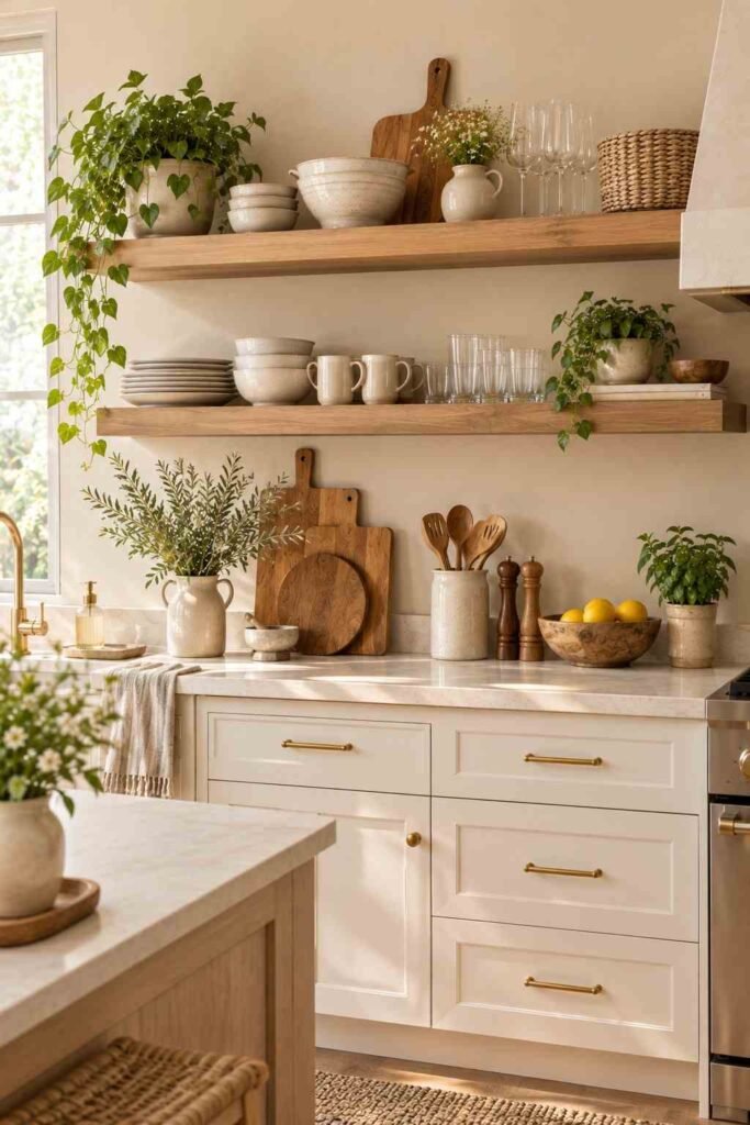 Kitchen floating shelves styled with everyday dishes, mugs, bowls, and wooden boards