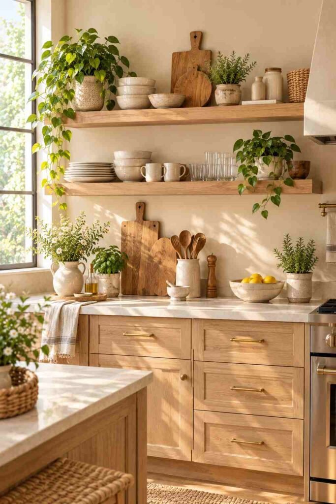 Kitchen floating shelves decorated with fresh greenery, herbs, ceramics, and wood