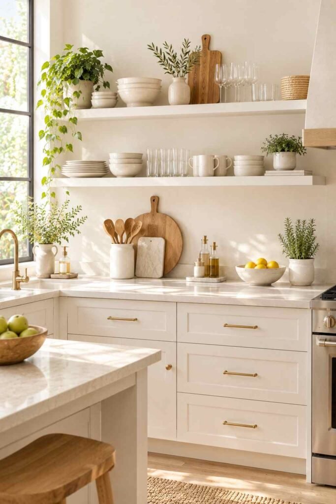 Minimal white floating shelves with neutral dishes and glassware in a bright kitchen