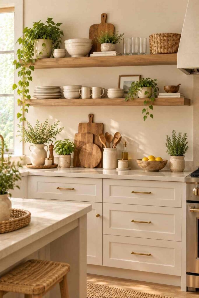 Natural wood floating shelves paired with cream kitchen cabinets and brass hardware