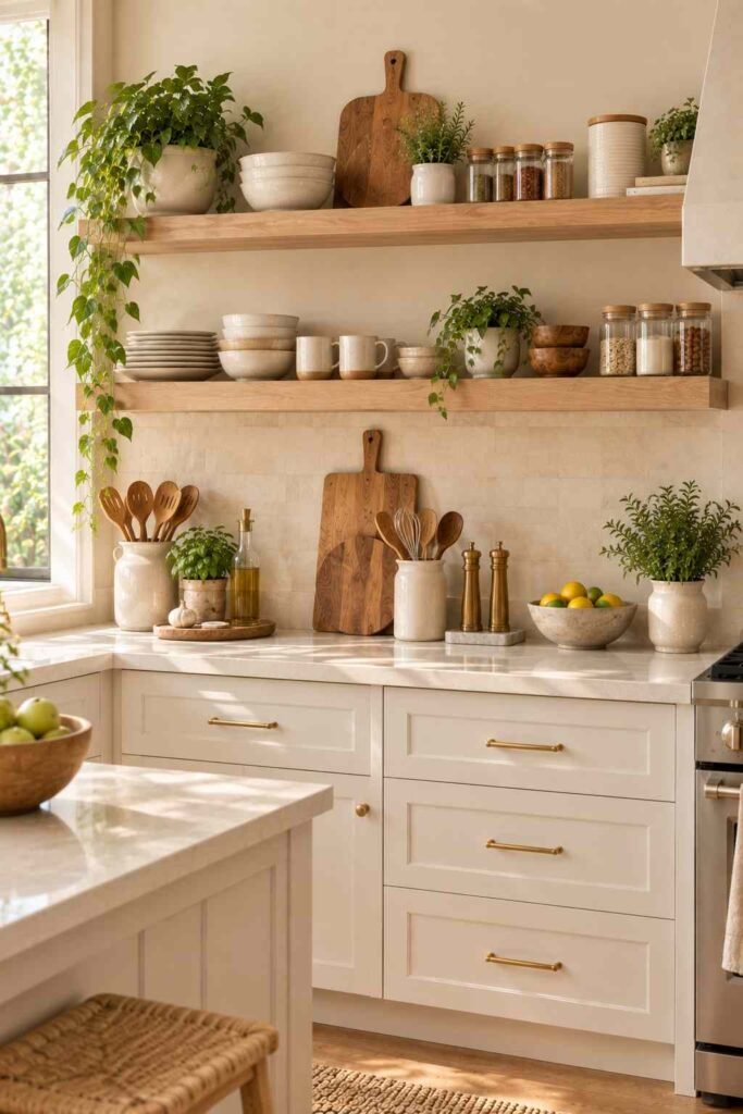 Floating shelves above a kitchen counter styled with mugs, bowls, jars, and greenery