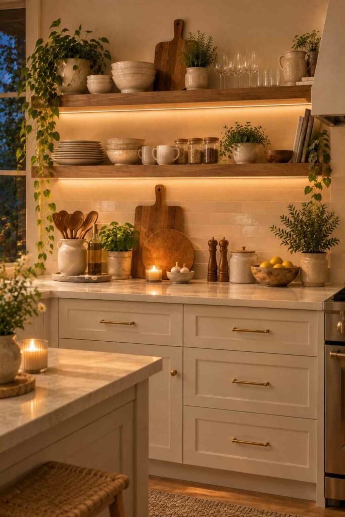 Kitchen floating shelves with warm under-shelf lighting and neutral ceramic decor