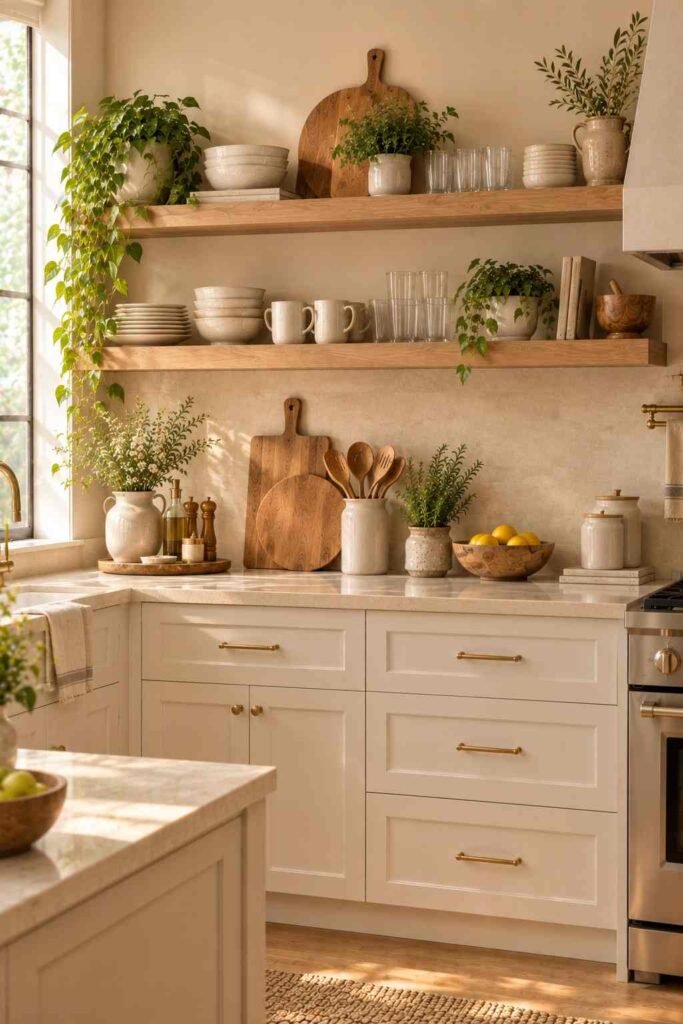 Kitchen combining open floating shelves with cream closed cabinets for balanced storage