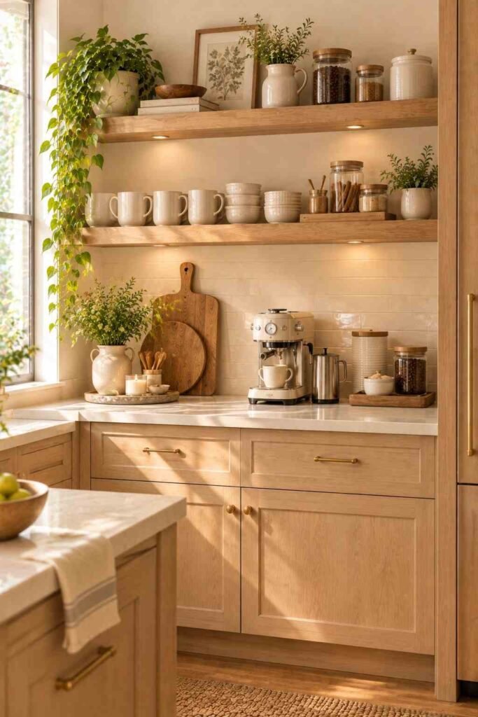 Cozy kitchen coffee station with wooden floating shelves and ceramic mugs