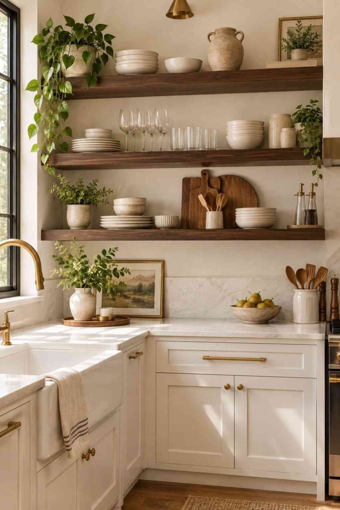 Dark walnut floating shelves creating contrast in a light and elegant kitchen