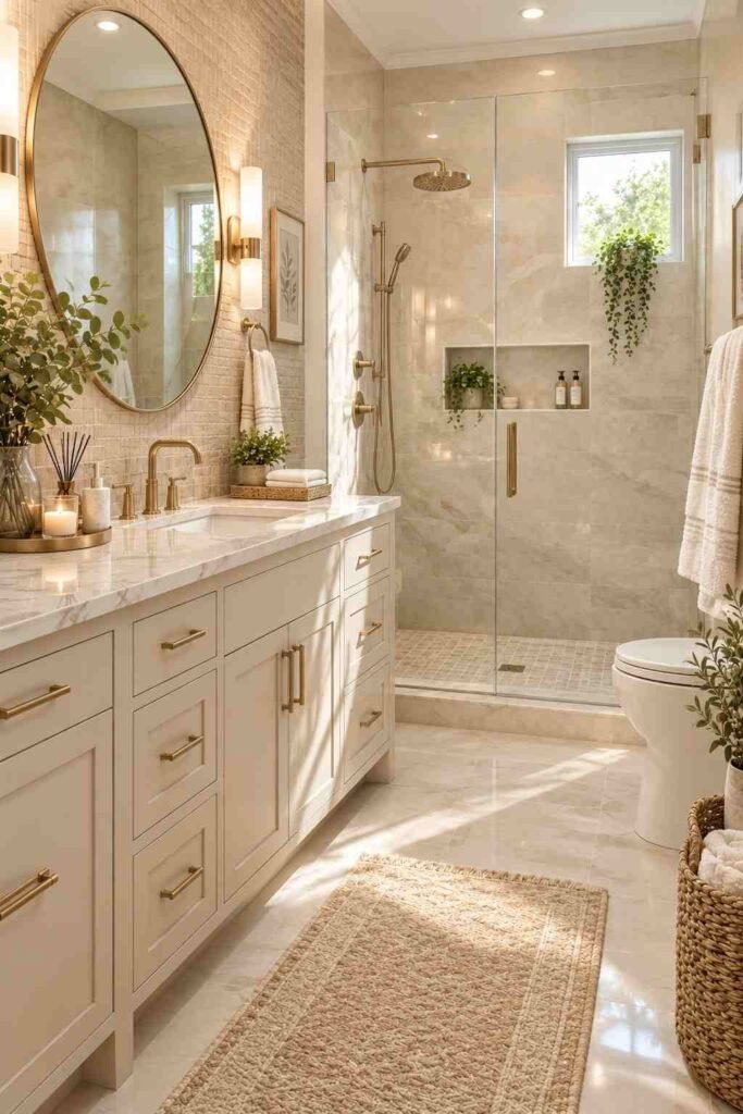 Modern bathroom remodel with warm white wall tiles and a stylish tiled feature wall