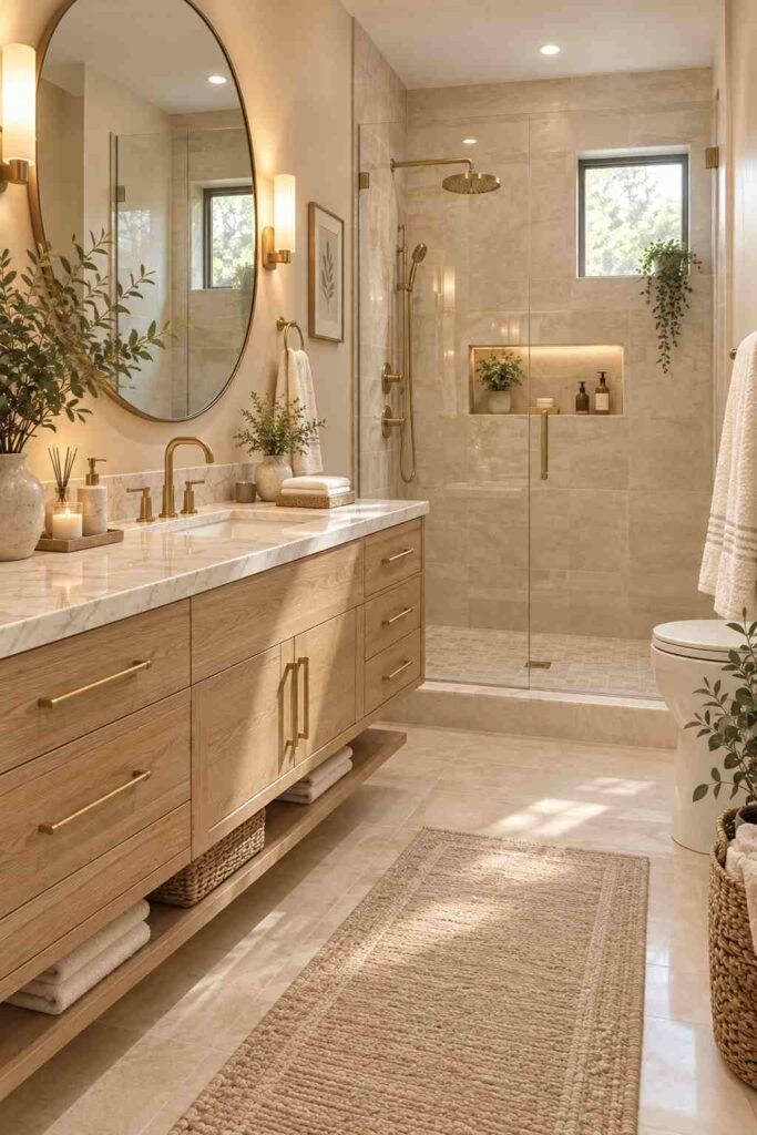 Floating oak vanity with marble countertop in a stylish remodeled bathroom