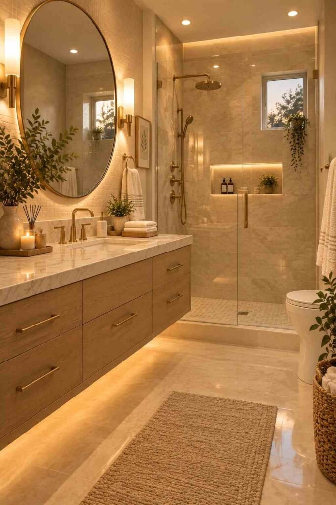 Remodeled bathroom with layered warm lighting, wall sconces, and floating vanity