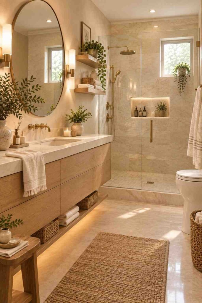 Warm bathroom remodel with natural oak vanity, wood accents, and neutral decor