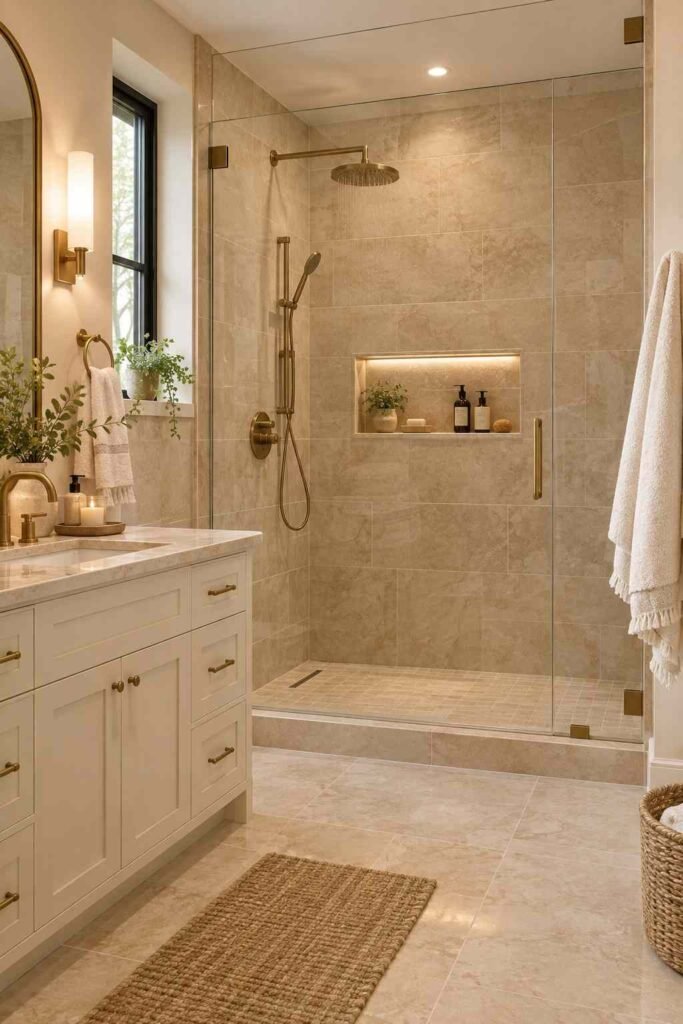 Modern walk-in shower with frameless glass, beige tiles, and brass fixtures