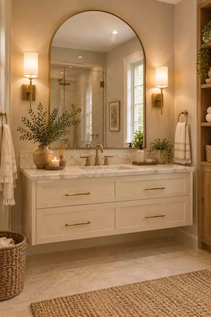 Statement arched mirror above a cream vanity in a modern remodeled bathroom