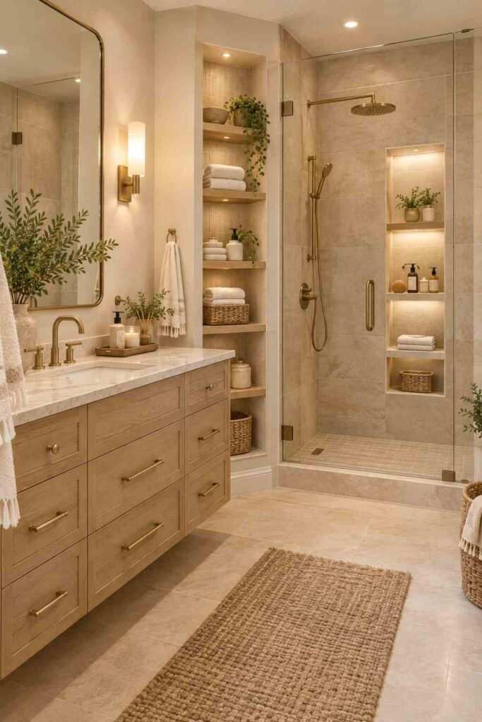 Remodeled bathroom with built-in recessed shelves and organized neutral storage
