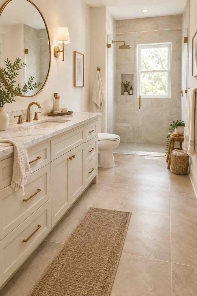 Warm beige porcelain flooring in a stylish modern bathroom remodel