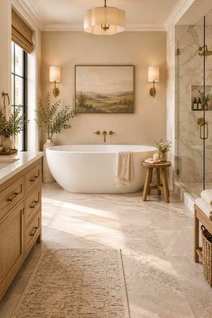 White freestanding bathtub with brass fixtures in a luxurious remodeled bathroom