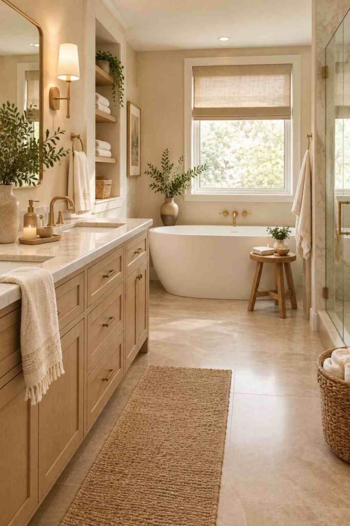 Spa-like remodeled bathroom with ivory towels, greenery, wood, stone, and warm lighting