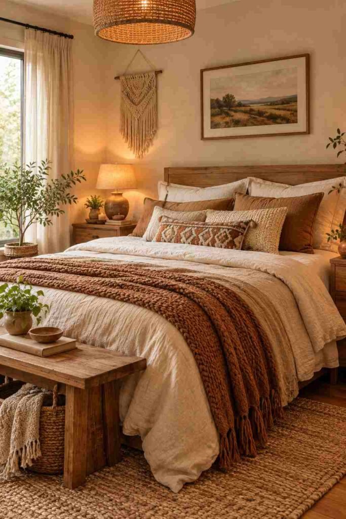 Boho bedroom with layered earthy neutral bedding and textured pillows