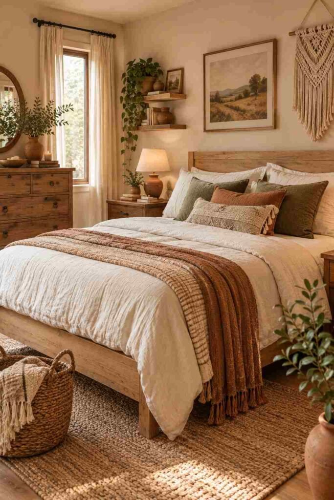 Boho bedroom with natural wood furniture and earthy neutral decor