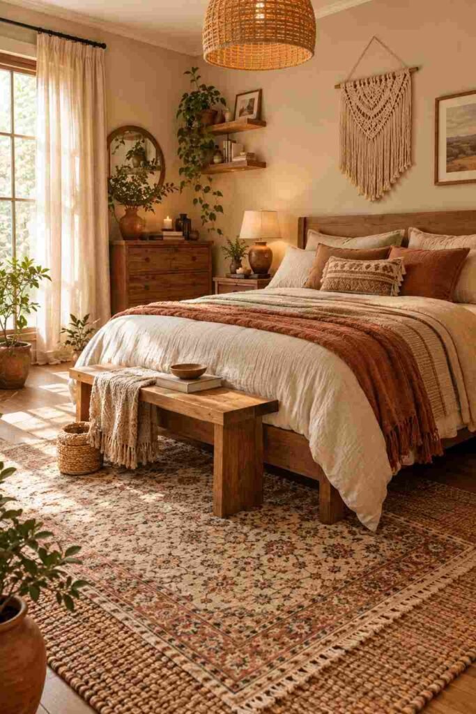 Boho bedroom with layered jute and patterned rugs for a cozy look