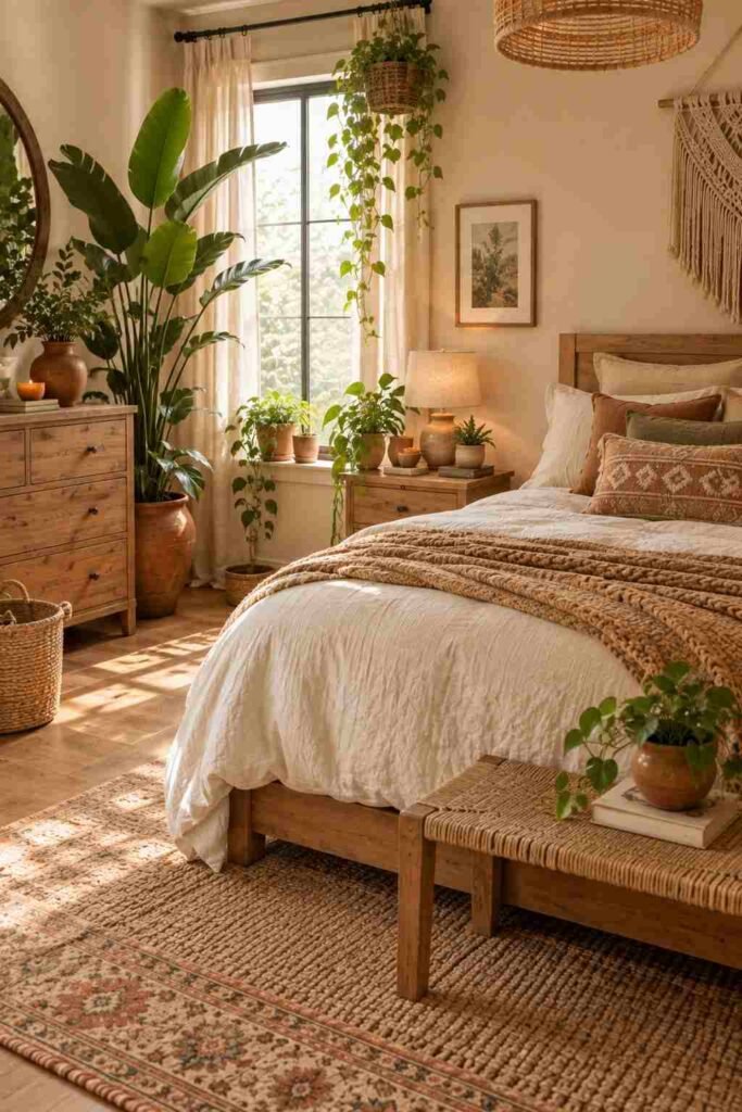 Boho bedroom decorated with layered greenery and natural woven planters
