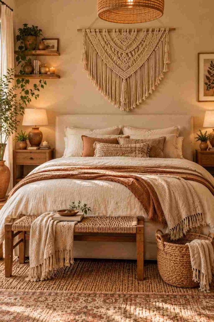 Boho bedroom with macramé wall decor above a neutral bed