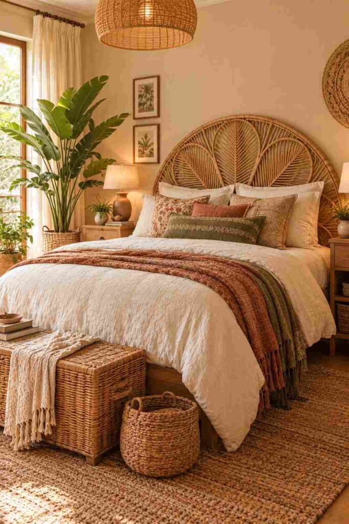 Boho bedroom with a natural rattan headboard and earthy linen bedding